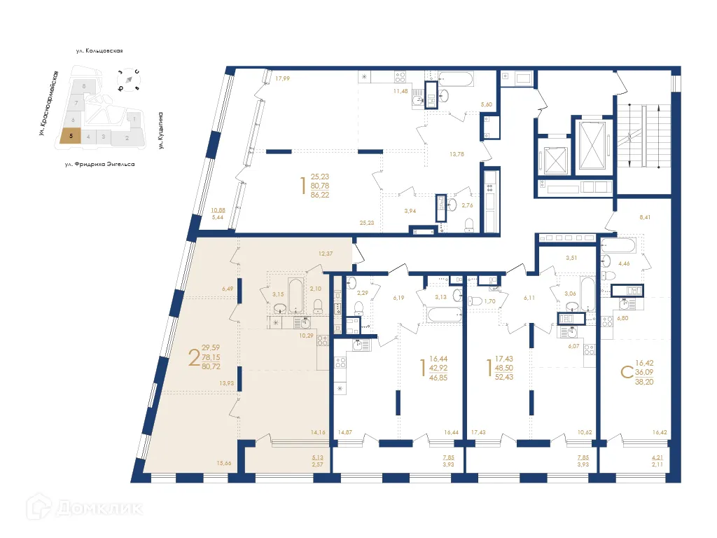 Планировка 2-комнатной квартиры 80.72 м² в ЖК Жилой дом по ул. Фридриха Энгельса, г. Воронеж — фото 6