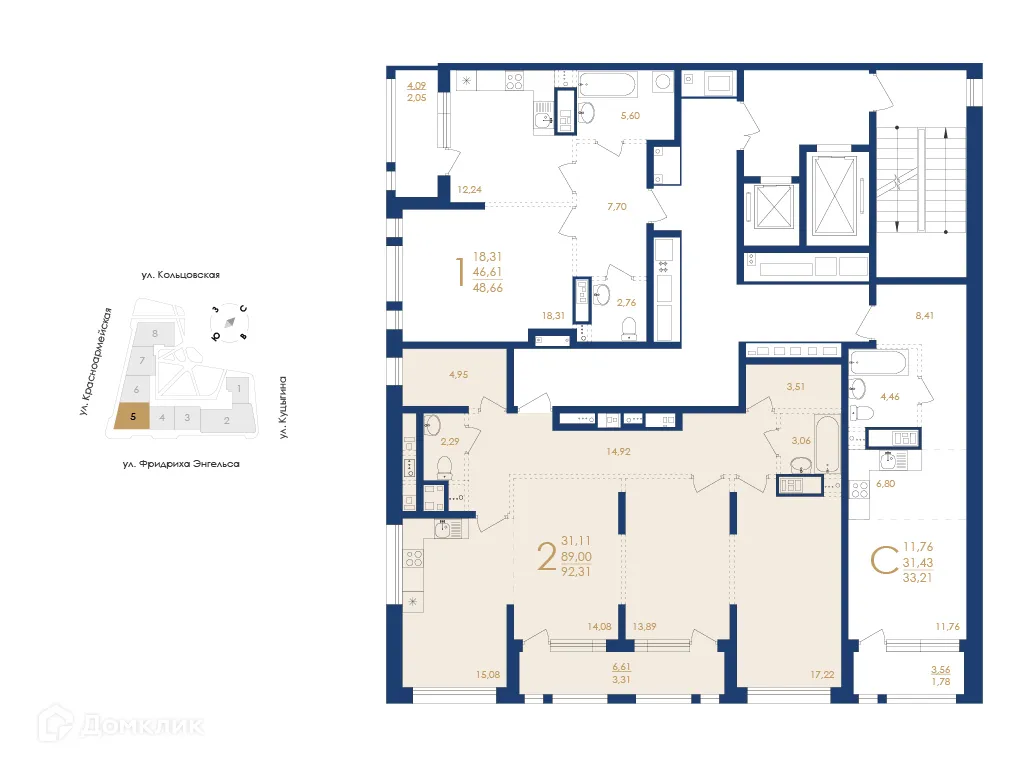 Планировка 2-комнатной квартиры 92.31 м² в ЖК Жилой дом по ул. Фридриха Энгельса, г. Воронеж — фото 6