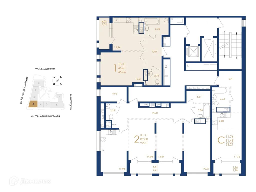 Планировка 1-комнатной квартиры 48.66 м² в ЖК Жилой дом по ул. Фридриха Энгельса, г. Воронеж — фото 6