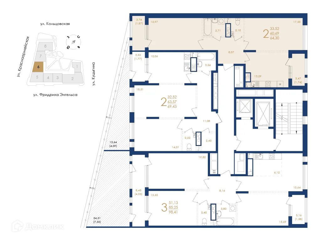 Планировка 2-комнатной квартиры 64.3 м² в ЖК Жилой дом по ул. Фридриха Энгельса, г. Воронеж — фото 6