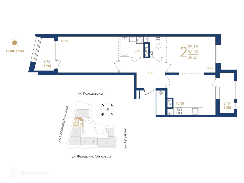 Планировка 2-комнатной квартиры 60.21 м² в ЖК Жилой дом по ул. Фридриха Энгельса, г. Воронеж — фото 2