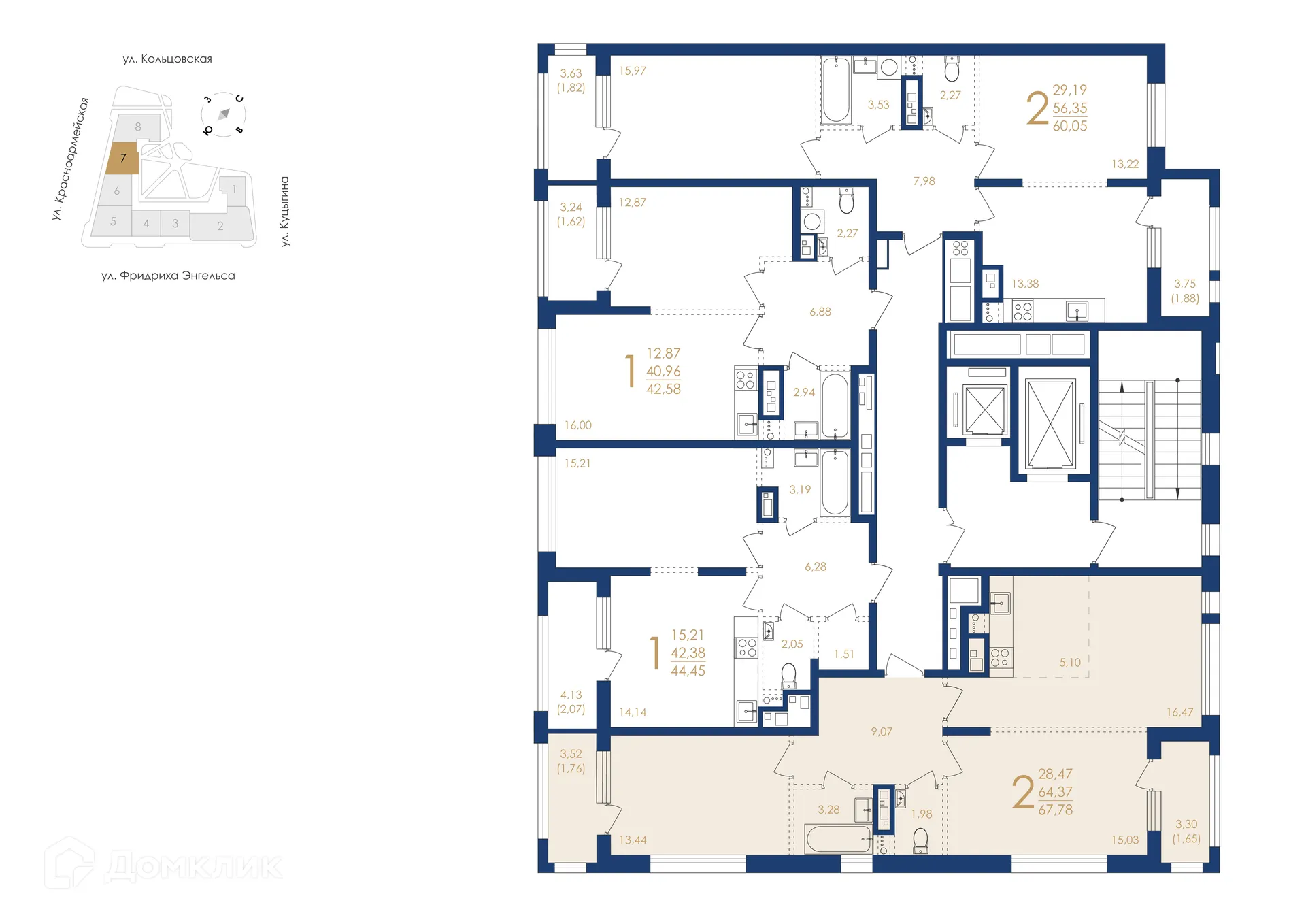 Планировка 2-комнатной квартиры 67.78 м² в ЖК Жилой дом по ул. Фридриха Энгельса, г. Воронеж — фото 3
