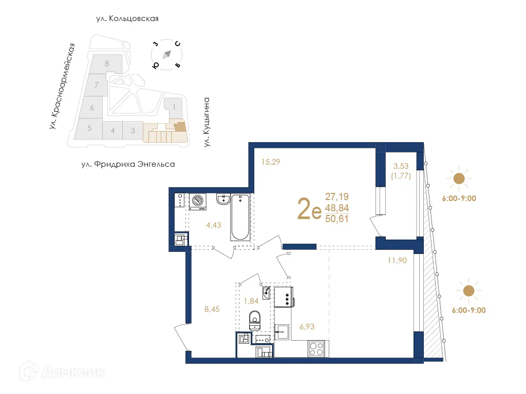 Планировка 2-комнатной квартиры 50.61 м² в ЖК Жилой дом по ул. Фридриха Энгельса, г. Воронеж — фото 2