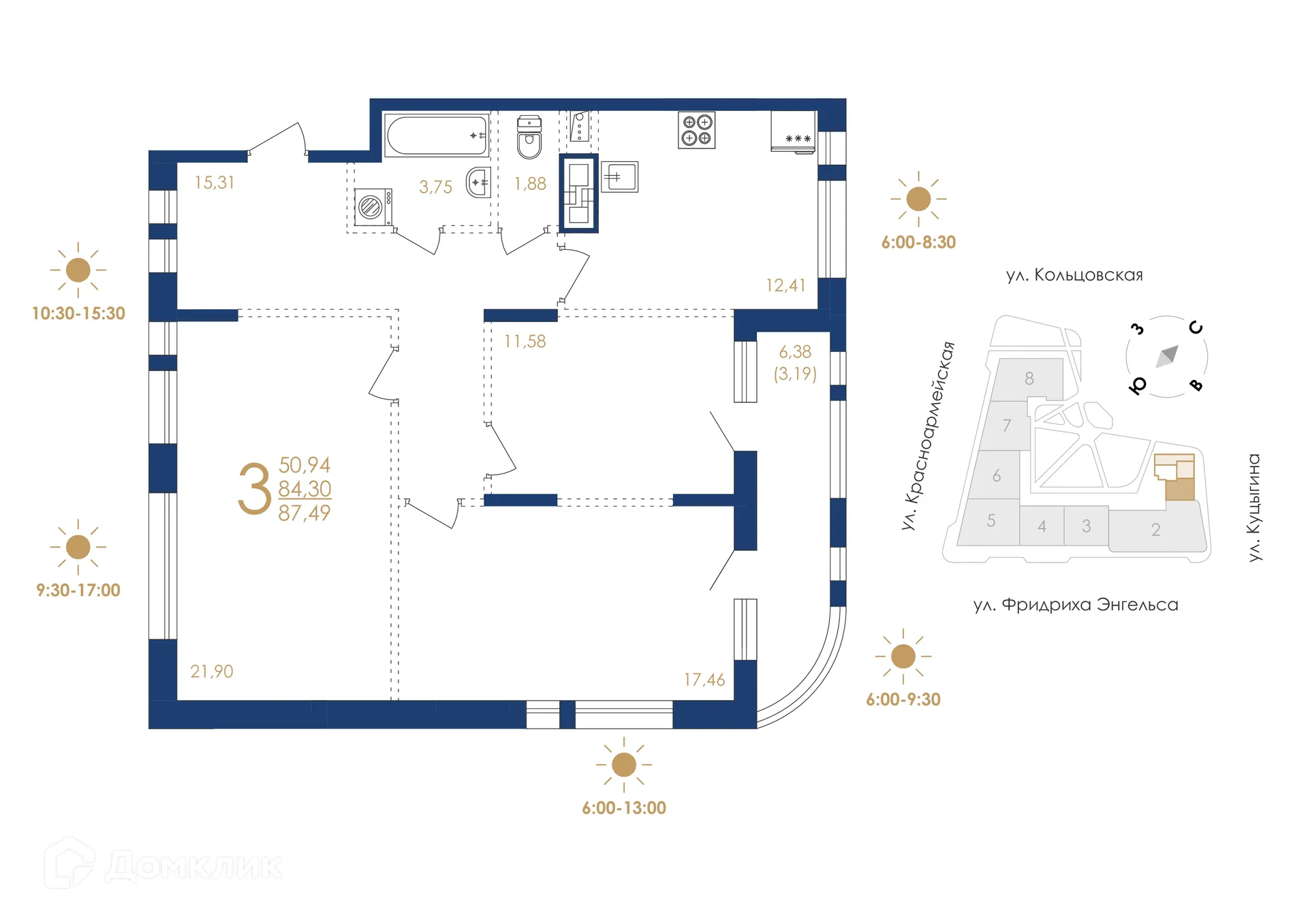 Планировка 3-комнатной квартиры 87.38 м² в ЖК Жилой дом по ул. Фридриха Энгельса, г. Воронеж — фото 2