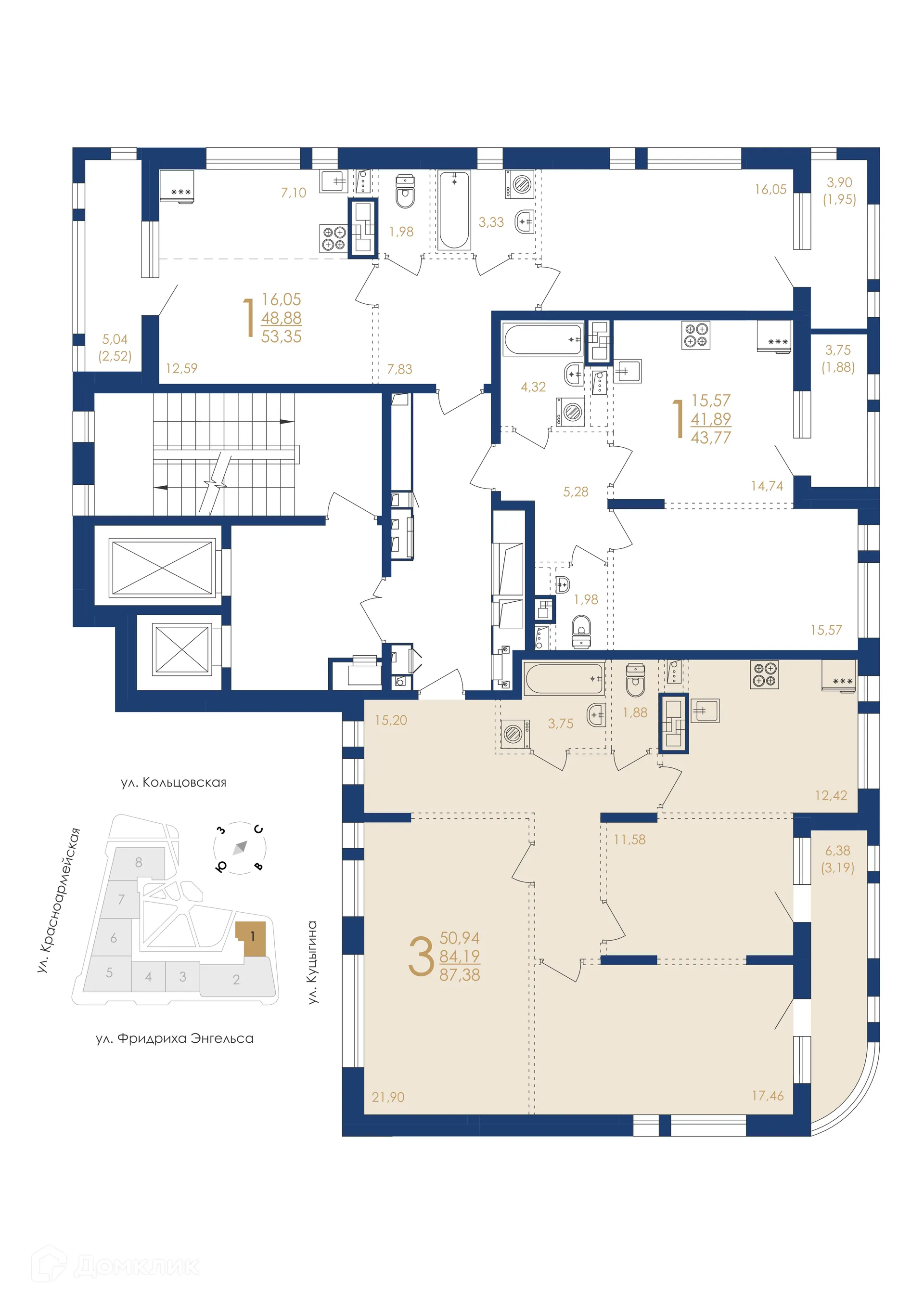 Планировка 3-комнатной квартиры 87.38 м² в ЖК Жилой дом по ул. Фридриха Энгельса, г. Воронеж — фото 3