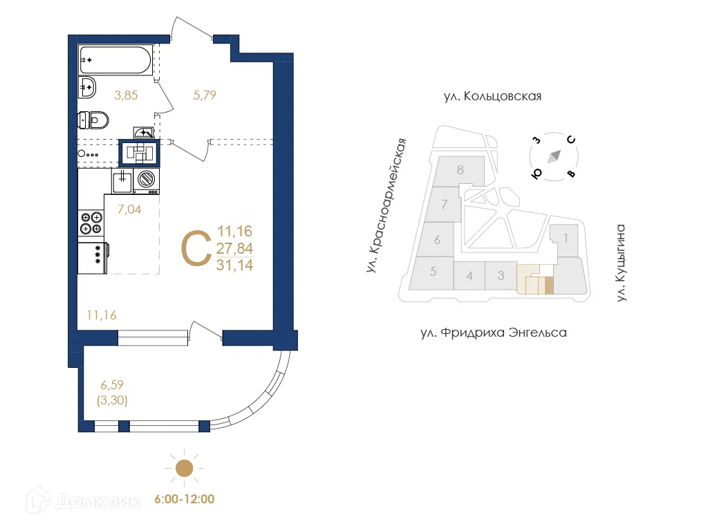 Планировка 1-комнатной квартиры 31.14 м² в ЖК Жилой дом по ул. Фридриха Энгельса, г. Воронеж — фото 5