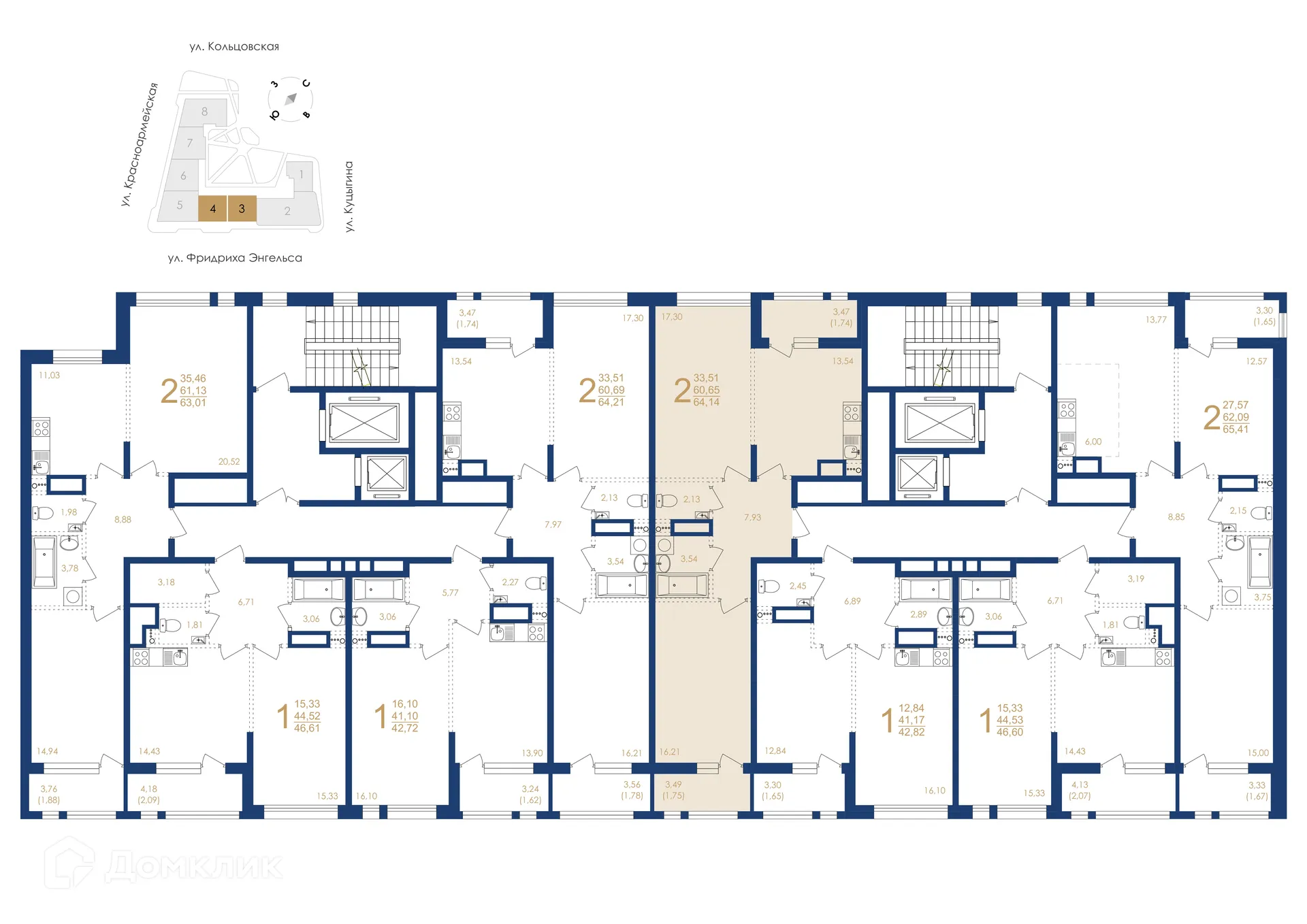 Планировка 2-комнатной квартиры 64.14 м² в ЖК Жилой дом по ул. Фридриха Энгельса, г. Воронеж — фото 3