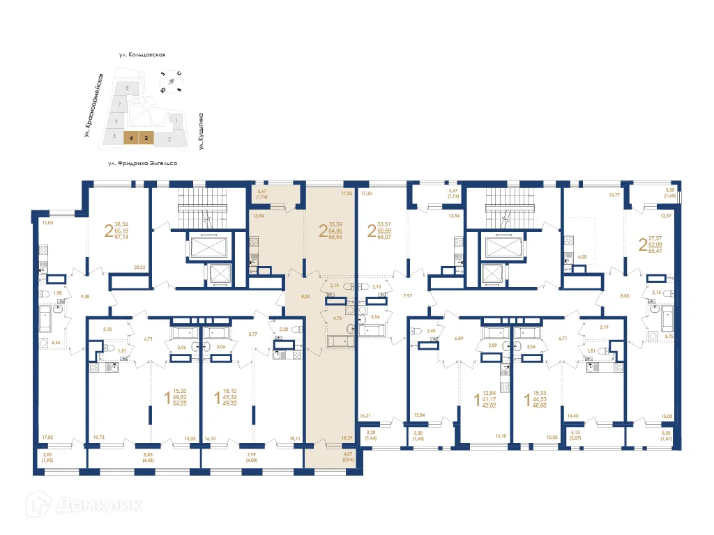 Планировка 2-комнатной квартиры 68.64 м² в ЖК Жилой дом по ул. Фридриха Энгельса, г. Воронеж — фото 6