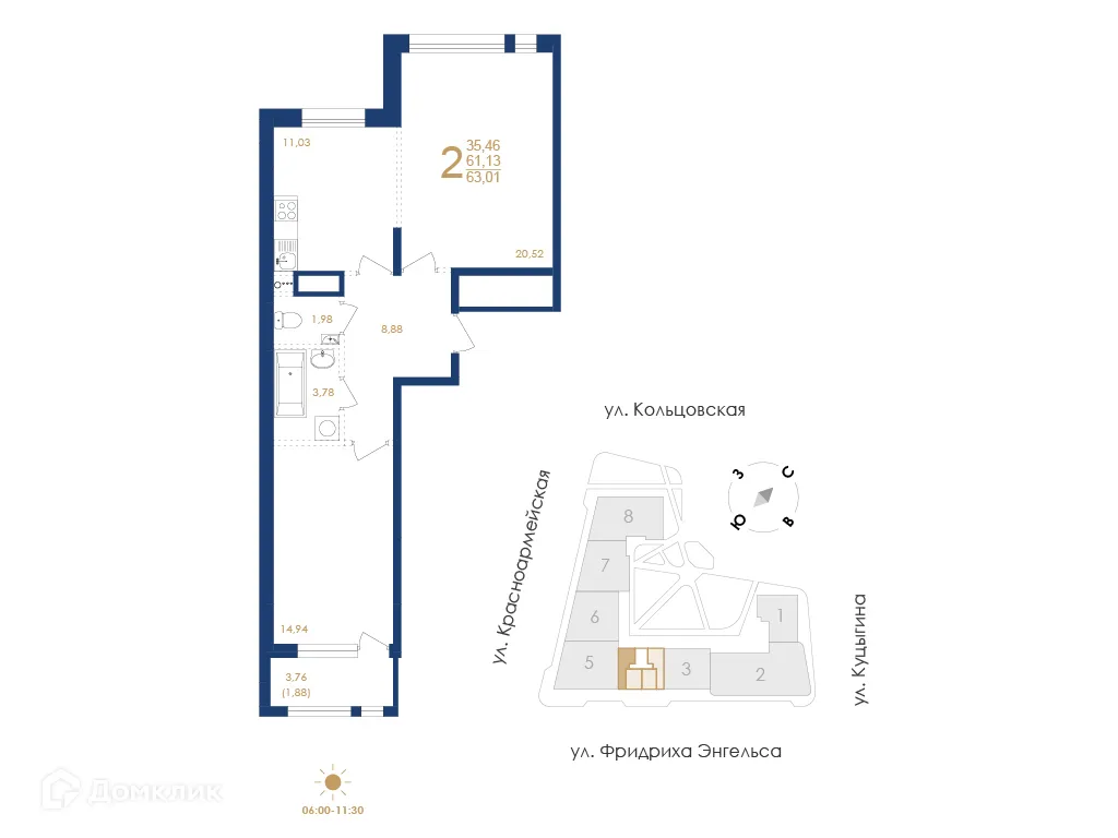 Планировка 2-комнатной квартиры 63.01 м² в ЖК Жилой дом по ул. Фридриха Энгельса, г. Воронеж — фото 5
