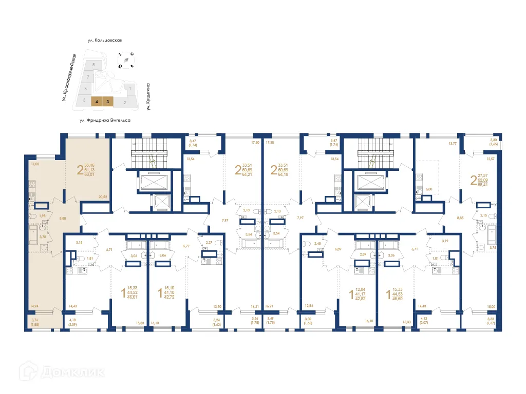 Планировка 2-комнатной квартиры 63.01 м² в ЖК Жилой дом по ул. Фридриха Энгельса, г. Воронеж — фото 6