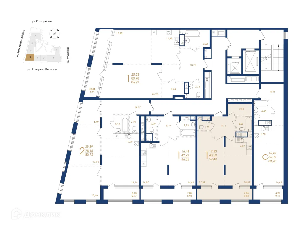 Планировка 1-комнатной квартиры 52.43 м² в ЖК Жилой дом по ул. Фридриха Энгельса, г. Воронеж — фото 3