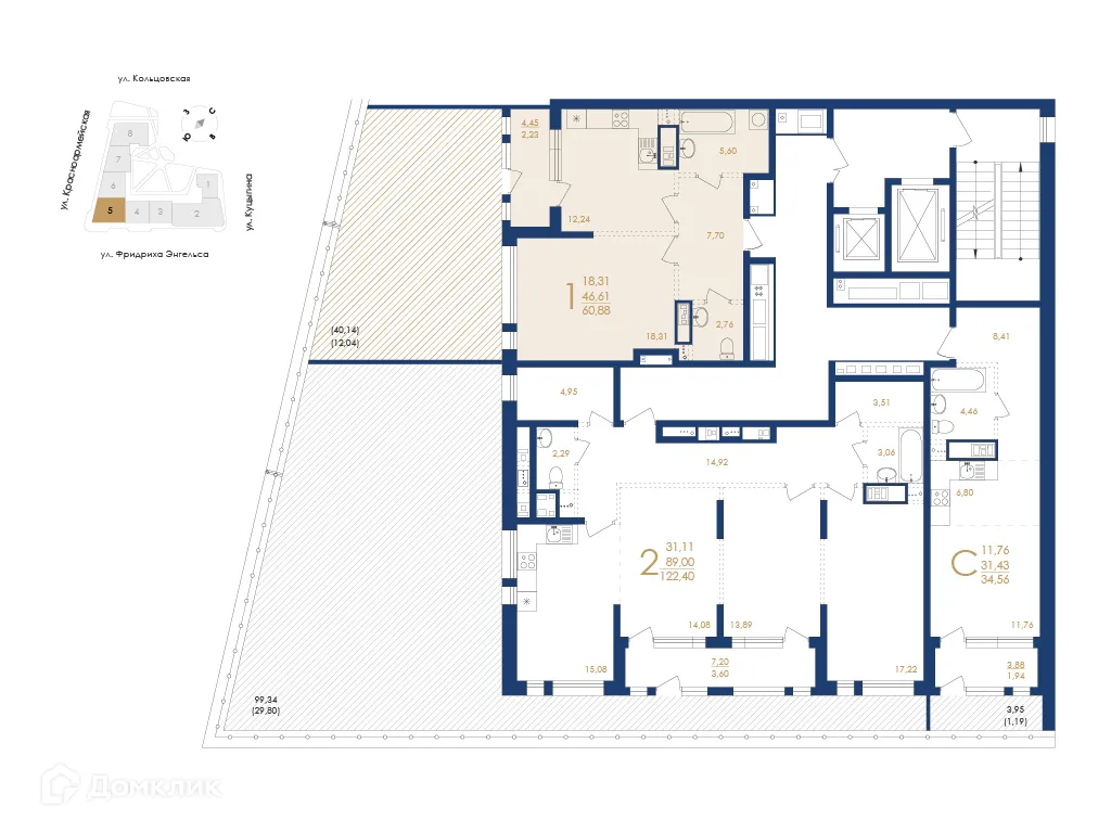 Планировка 1-комнатной квартиры 60.88 м² в ЖК Жилой дом по ул. Фридриха Энгельса, г. Воронеж — фото 3