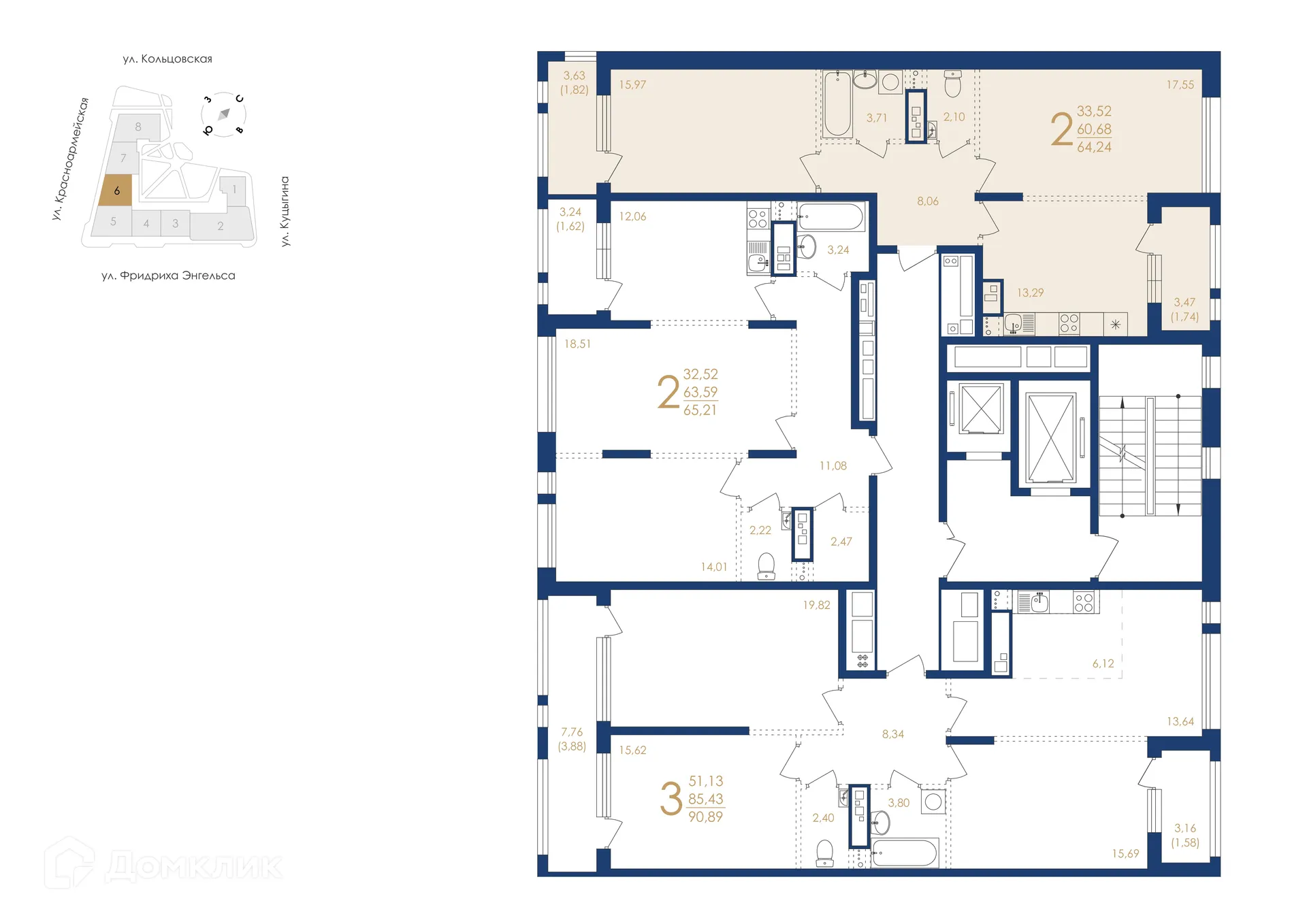 Планировка 2-комнатной квартиры 64.24 м² в ЖК Жилой дом по ул. Фридриха Энгельса, г. Воронеж — фото 6