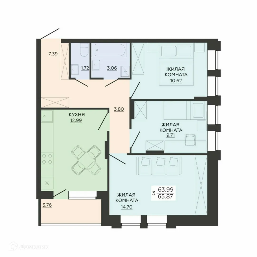 Планировка 3-комнатной квартиры 65.87 м² в ЖК "Маяковский", г. Воронеж — фото 1