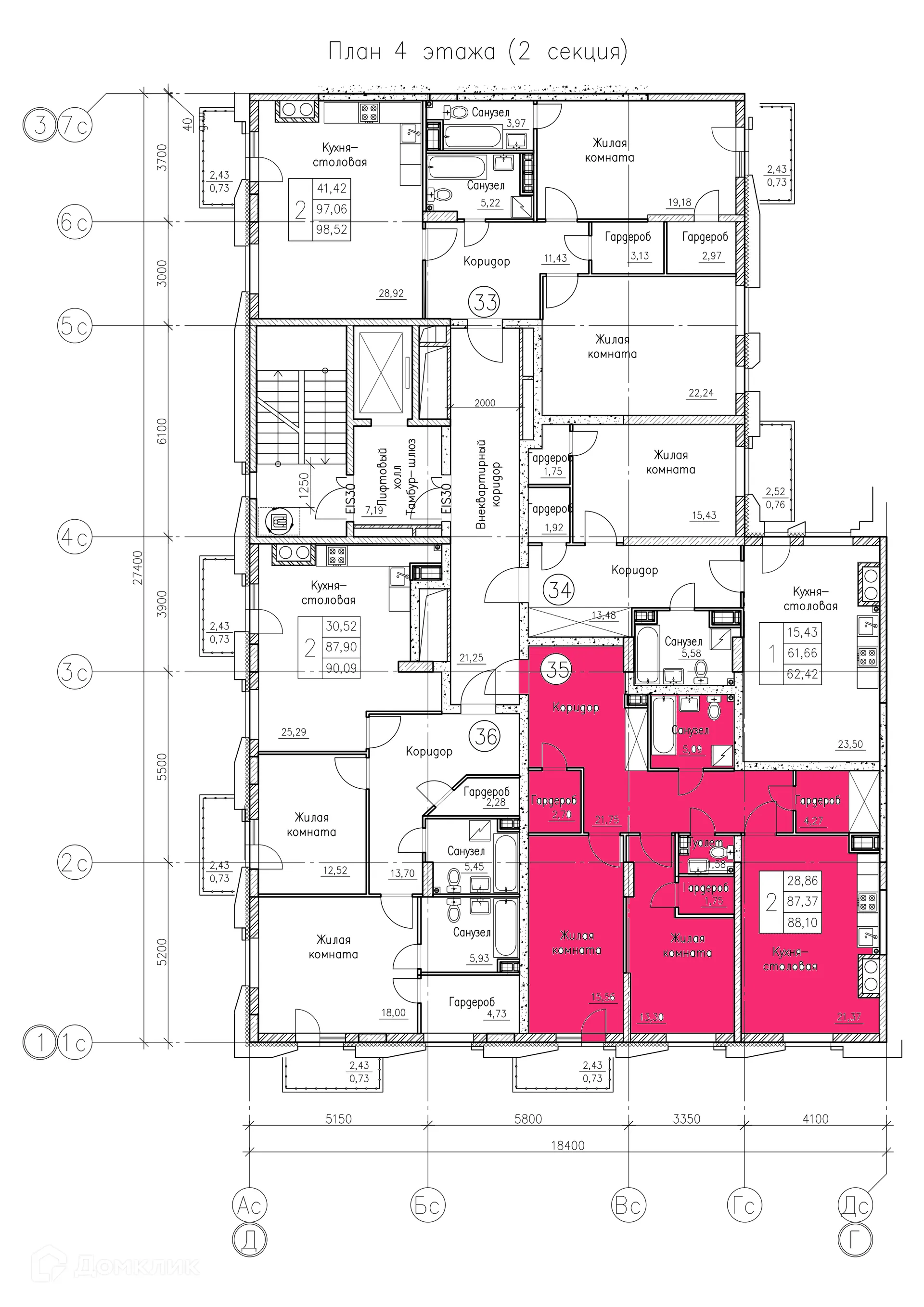 Планировка 2-комнатной квартиры 88.1 м² в ЖК К15, г. Воронеж — фото 1