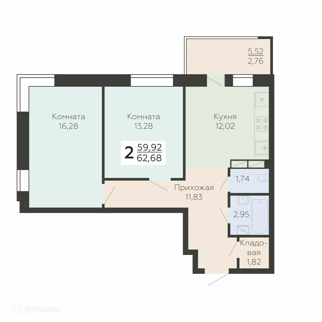 Планировка 2-комнатной квартиры 62.68 м² в ЖК Абрикосовый, г. Воронеж — фото 1