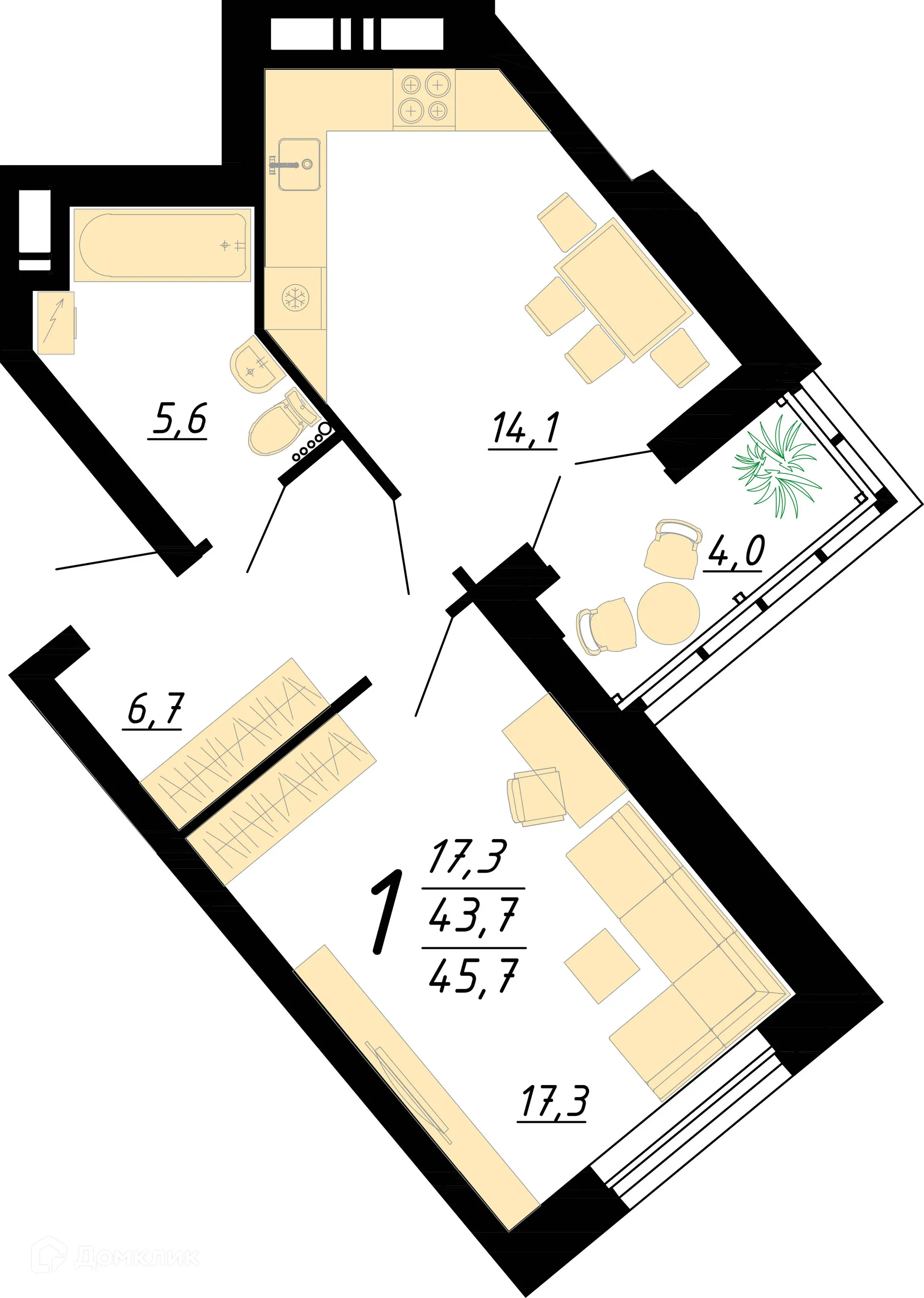 Планировка 1-комнатной квартиры 45.7 м² в ЖК "Европейский", г. Воронеж — фото 1
