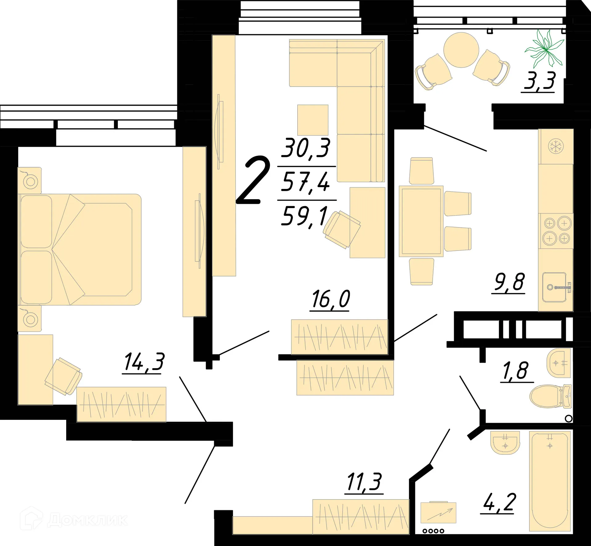 Планировка 2-комнатной квартиры 59.7 м² в ЖК "Европейский", г. Воронеж — фото 2