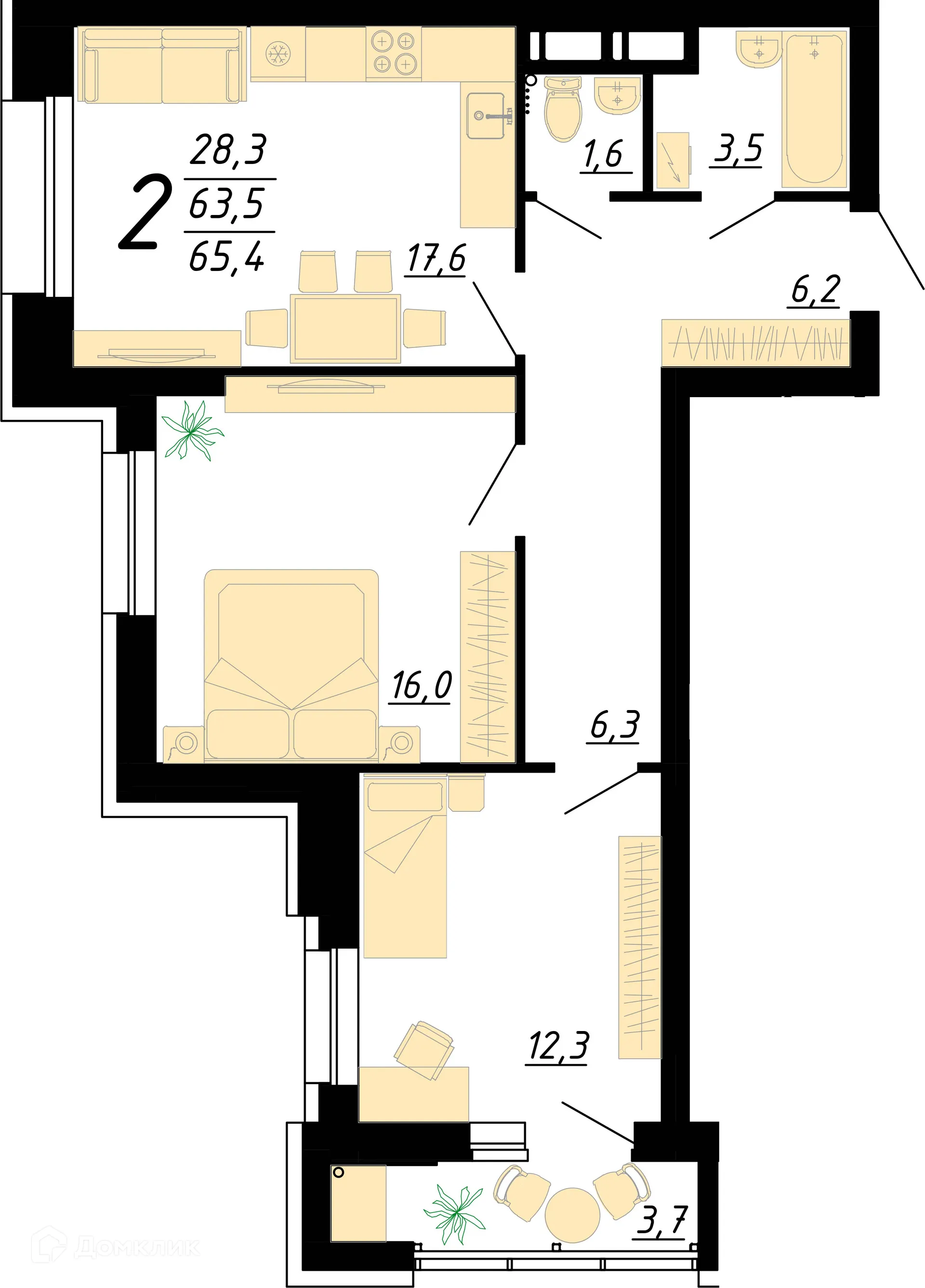 Планировка 2-комнатной квартиры 65.4 м² в ЖК "Европейский", г. Воронеж — фото 2