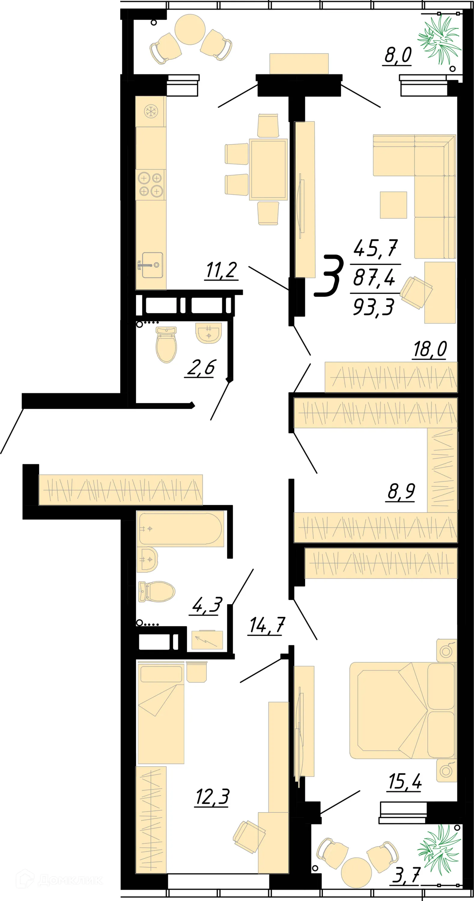 Планировка 3-комнатной квартиры 96.8 м² в ЖК "Европейский", г. Воронеж — фото 2