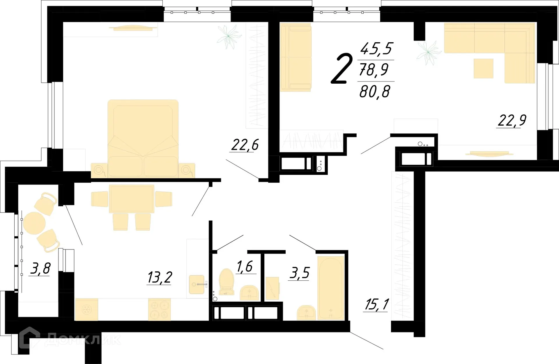 Планировка 2-комнатной квартиры 80.8 м² в ЖК "Европейский", г. Воронеж — фото 1