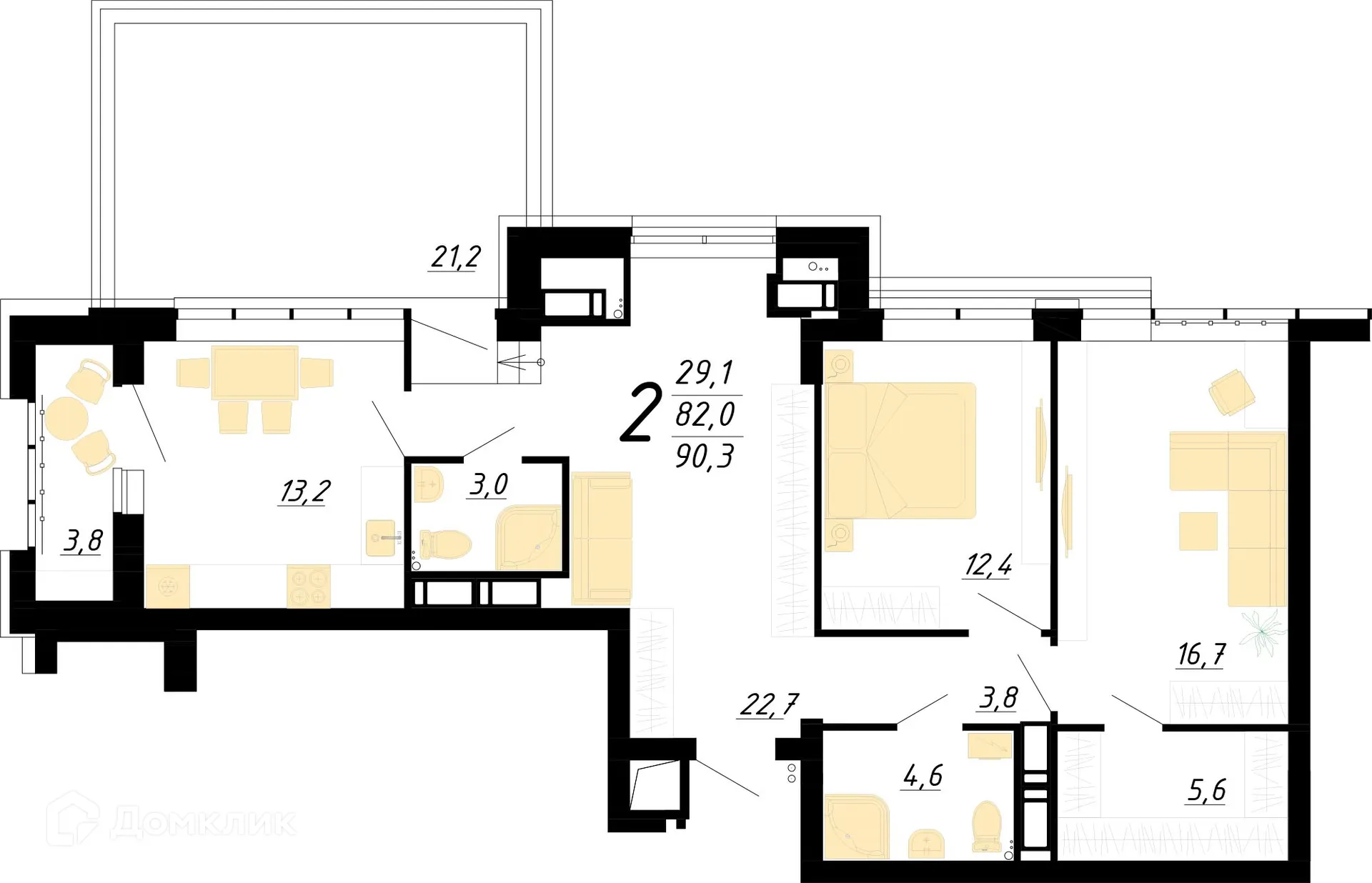 Планировка 2-комнатной квартиры 90.3 м² в ЖК "Европейский", г. Воронеж — фото 2