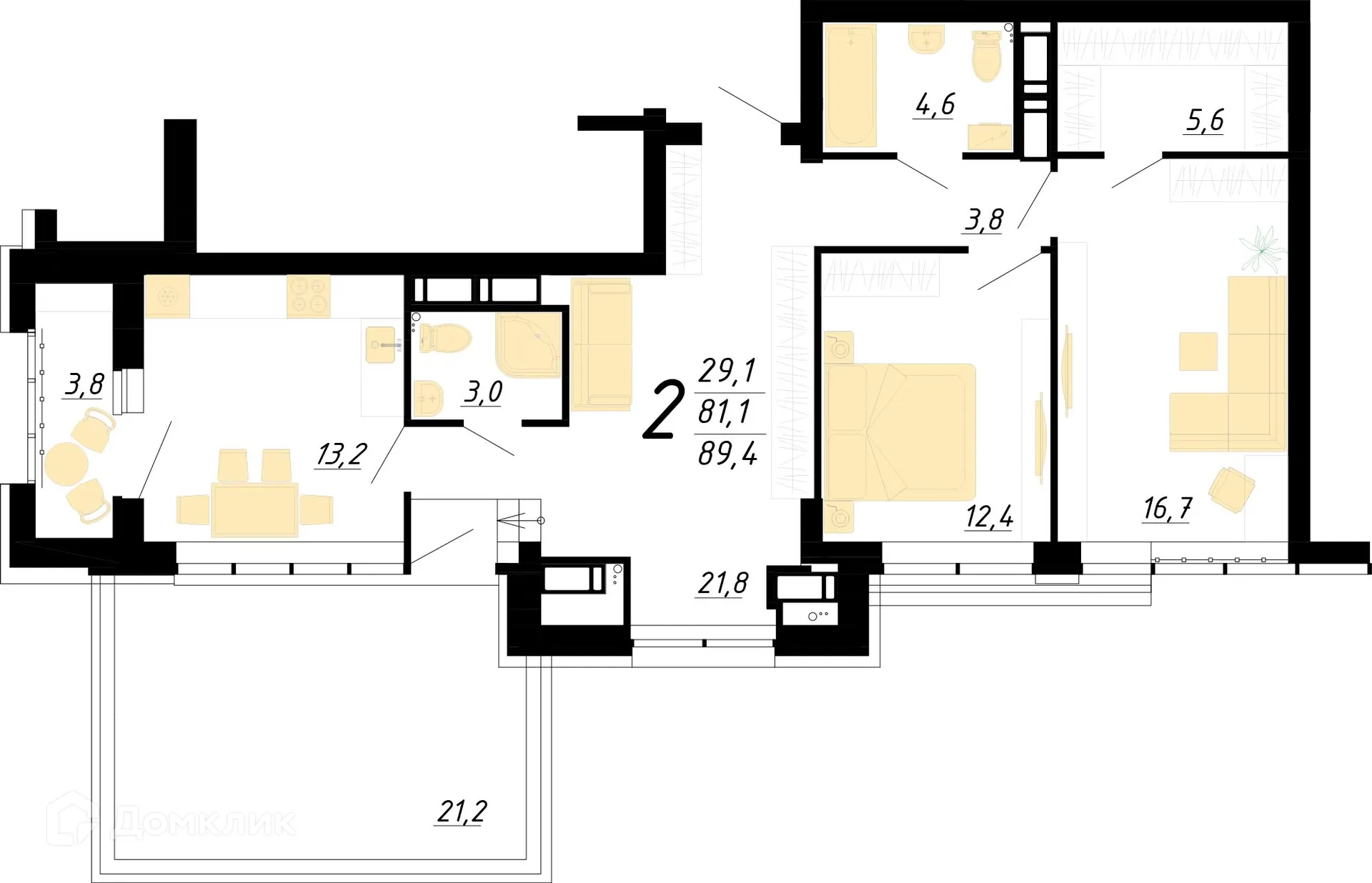 Планировка 2-комнатной квартиры 89.4 м² в ЖК "Европейский", г. Воронеж — фото 2