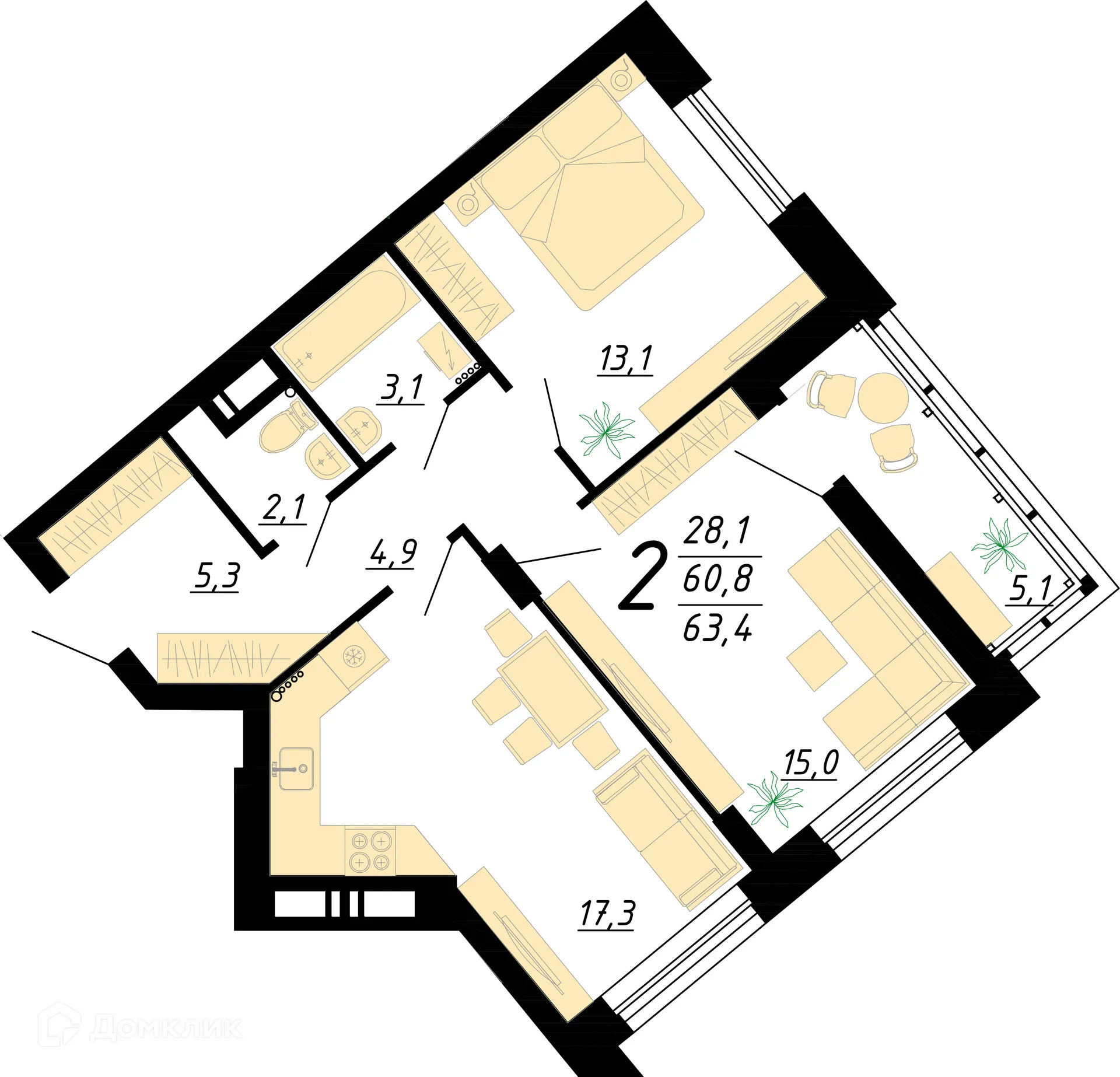Планировка 2-комнатной квартиры 63.4 м² в ЖК "Европейский", г. Воронеж — фото 2