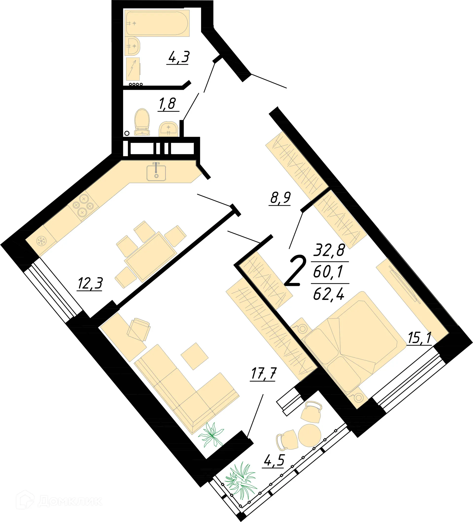 Планировка 2-комнатной квартиры 62.4 м² в ЖК "Европейский", г. Воронеж — фото 2