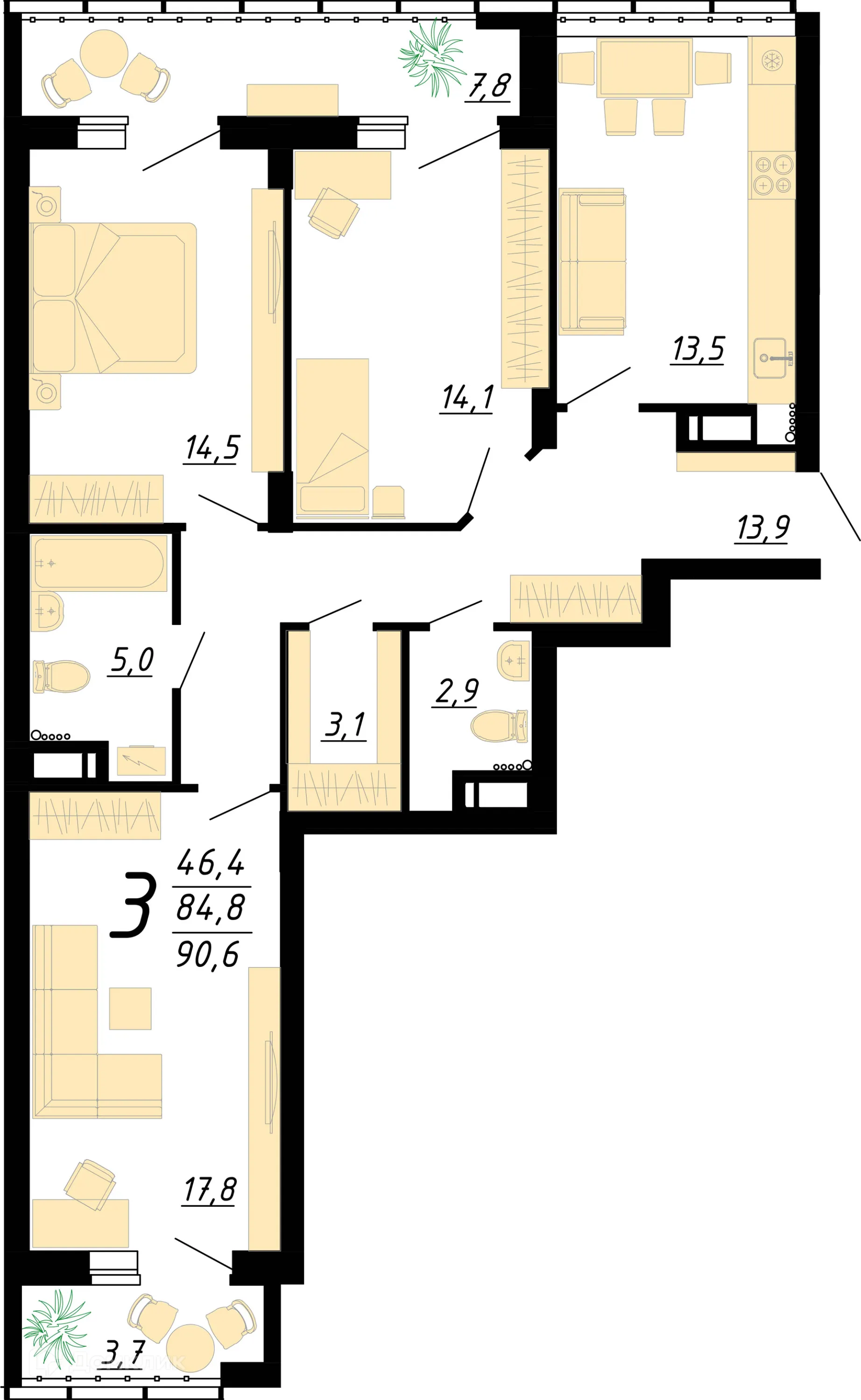 Планировка 3-комнатной квартиры 90.6 м² в ЖК "Европейский", г. Воронеж — фото 1