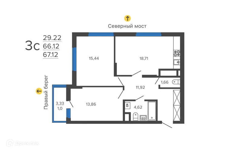 Планировка 3-комнатной квартиры 67.12 м² в ЖК "Дом на набережной", г. Воронеж — фото 2