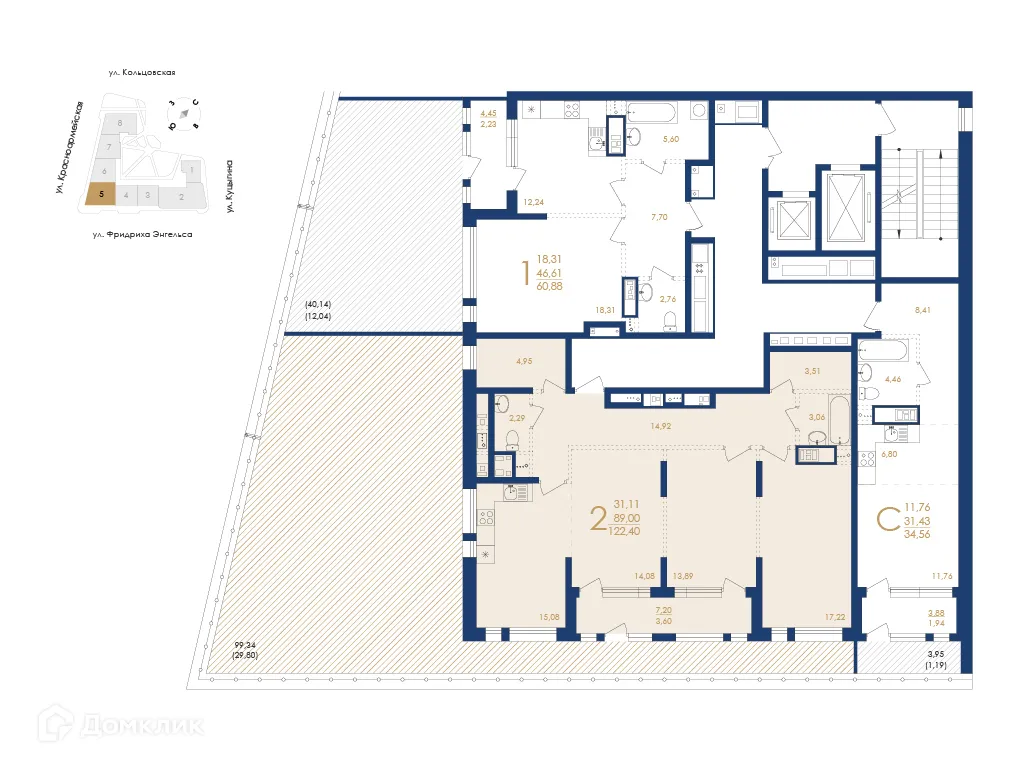 Планировка 2-комнатной квартиры 122.4 м² в ЖК Жилой дом по ул. Фридриха Энгельса, г. Воронеж — фото 6