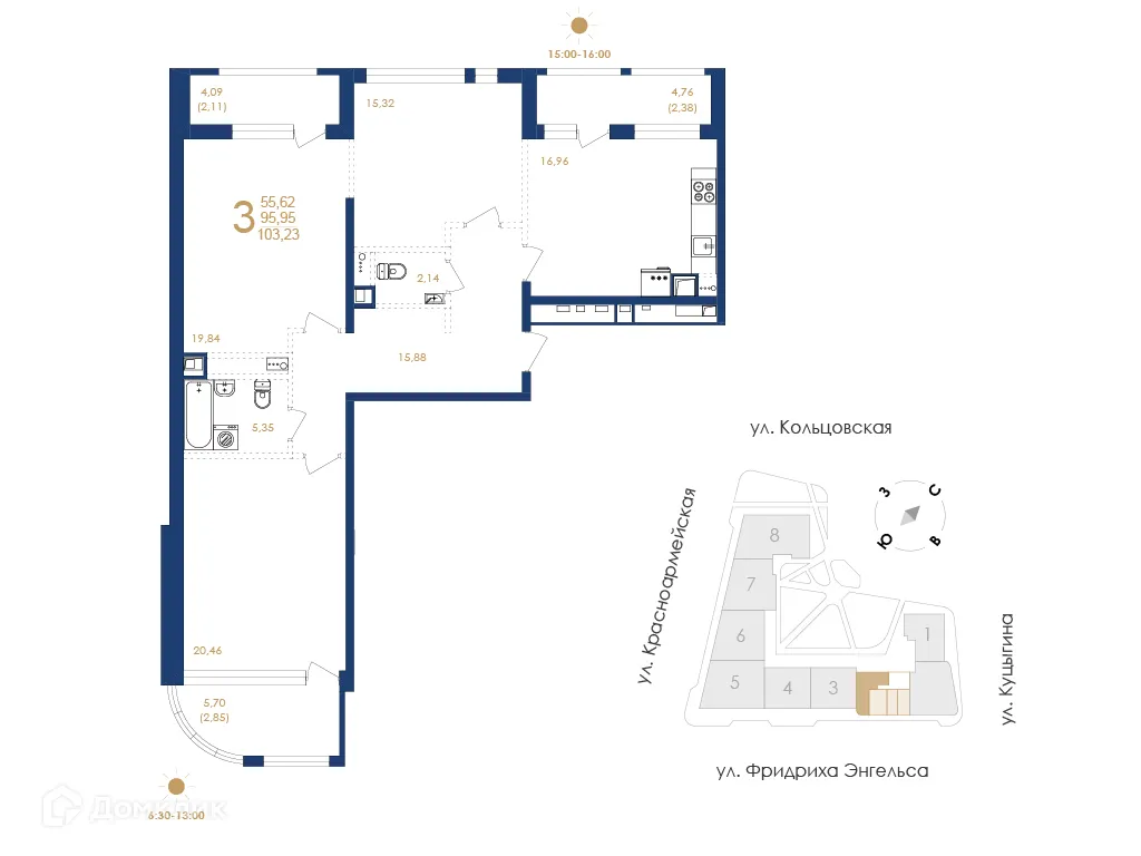 Планировка 3-комнатной квартиры 103.23 м² в ЖК Жилой дом по ул. Фридриха Энгельса, г. Воронеж — фото 2