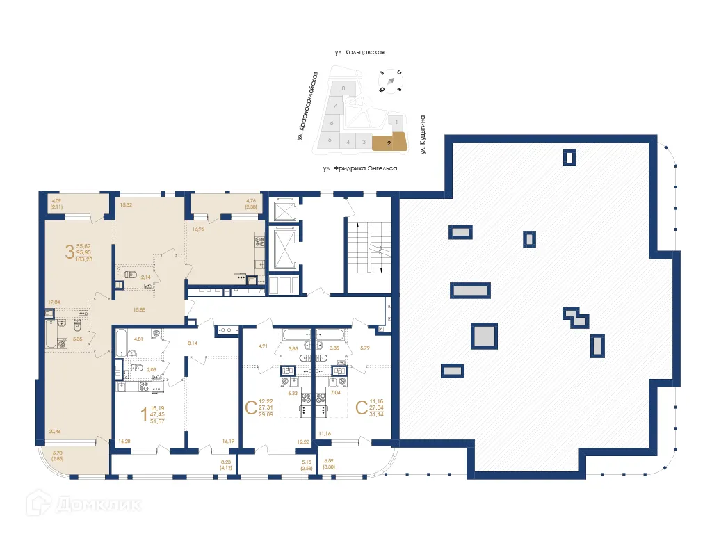 Планировка 3-комнатной квартиры 103.23 м² в ЖК Жилой дом по ул. Фридриха Энгельса, г. Воронеж — фото 3