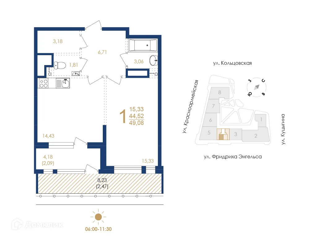 Планировка 1-комнатной квартиры 49.08 м² в ЖК Жилой дом по ул. Фридриха Энгельса, г. Воронеж — фото 5