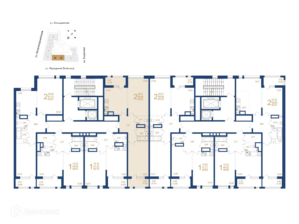 Планировка 2-комнатной квартиры 64.21 м² в ЖК Жилой дом по ул. Фридриха Энгельса, г. Воронеж — фото 6