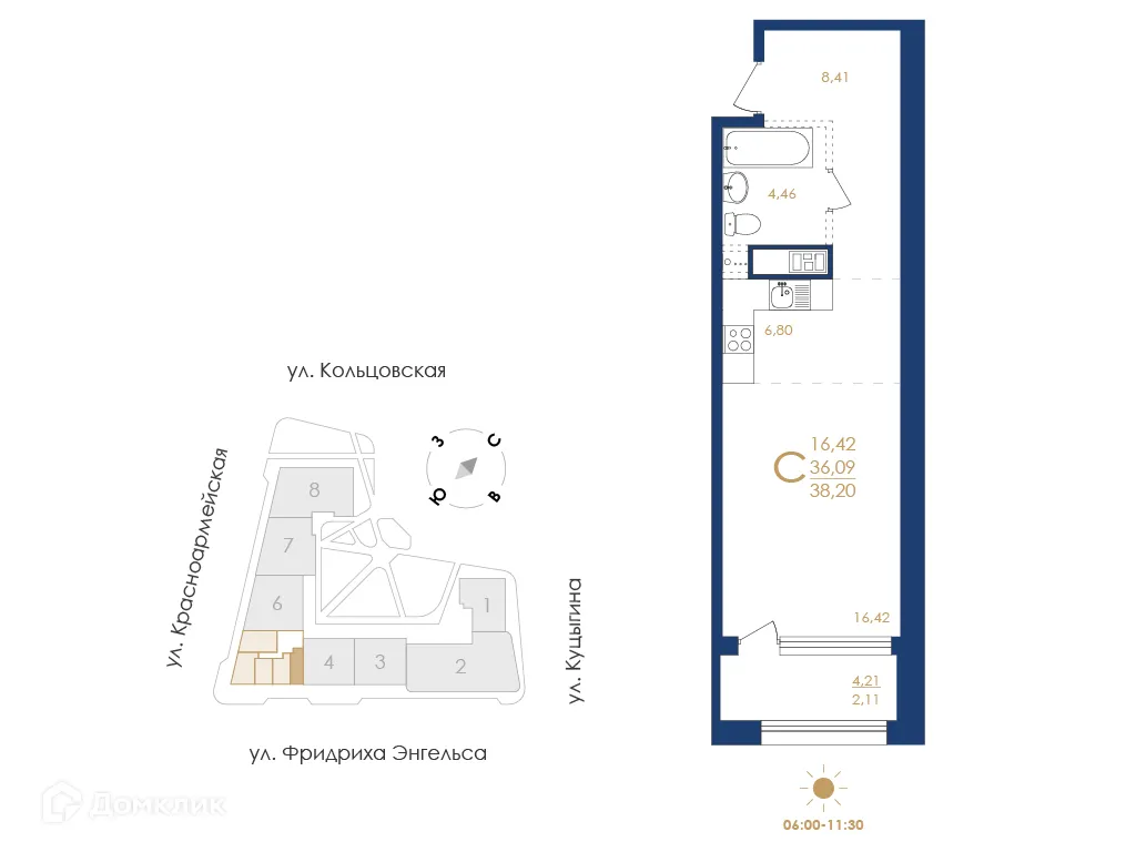 Планировка 1-комнатной квартиры 38.2 м² в ЖК Жилой дом по ул. Фридриха Энгельса, г. Воронеж — фото 5