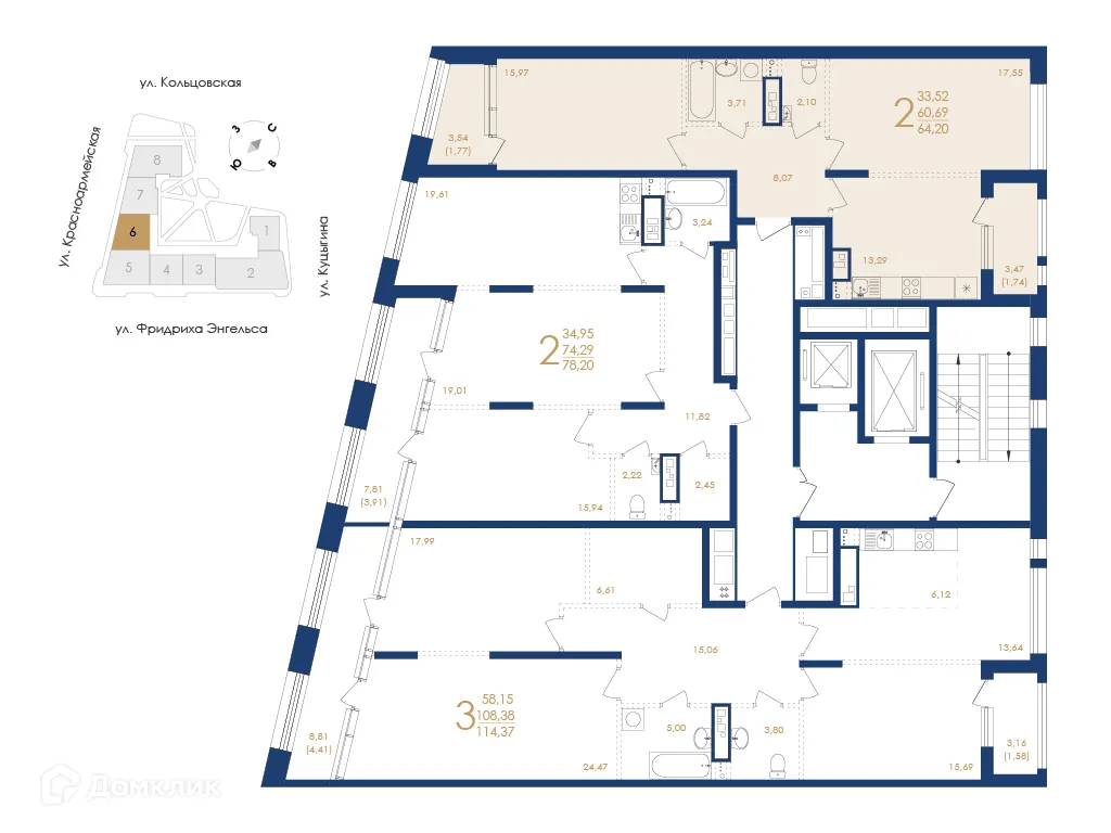Планировка 2-комнатной квартиры 64.2 м² в ЖК Жилой дом по ул. Фридриха Энгельса, г. Воронеж — фото 6