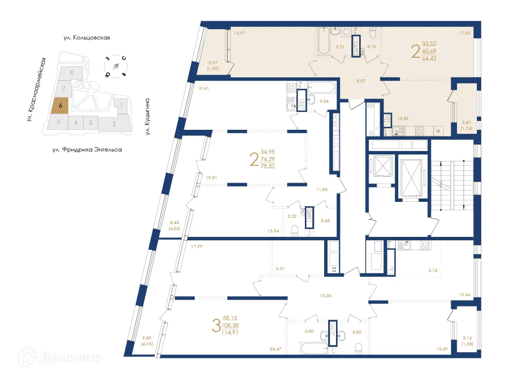 Планировка 2-комнатной квартиры 64.42 м² в ЖК Жилой дом по ул. Фридриха Энгельса, г. Воронеж — фото 3