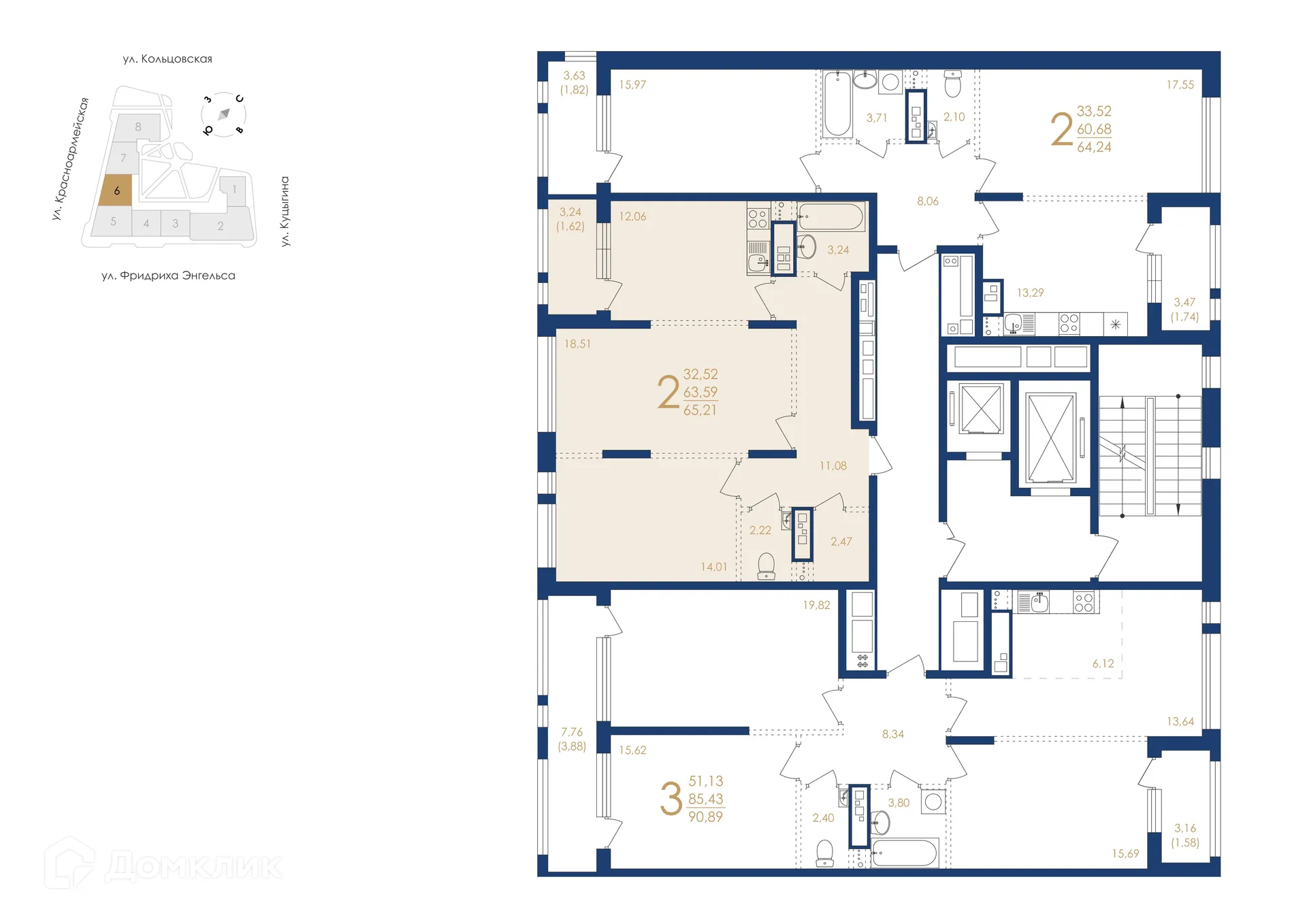 Планировка 2-комнатной квартиры 65.21 м² в ЖК Жилой дом по ул. Фридриха Энгельса, г. Воронеж — фото 3