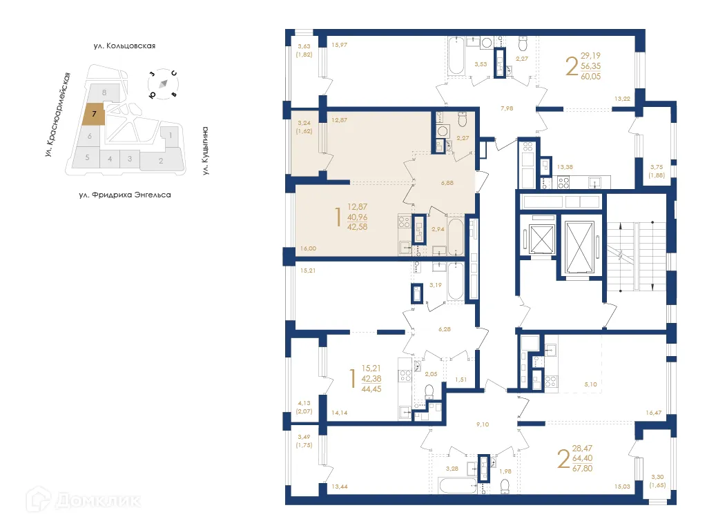 Планировка 1-комнатной квартиры 42.58 м² в ЖК Жилой дом по ул. Фридриха Энгельса, г. Воронеж — фото 3