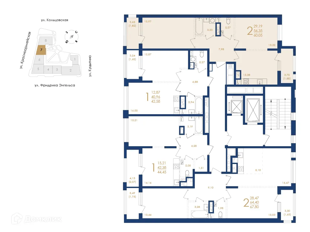 Планировка 2-комнатной квартиры 60.05 м² в ЖК Жилой дом по ул. Фридриха Энгельса, г. Воронеж — фото 3
