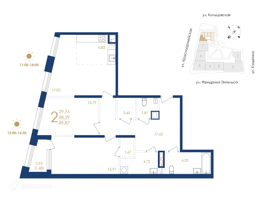 Планировка 2-комнатной квартиры 89.87 м² в ЖК Жилой дом по ул. Фридриха Энгельса, г. Воронеж — фото 5