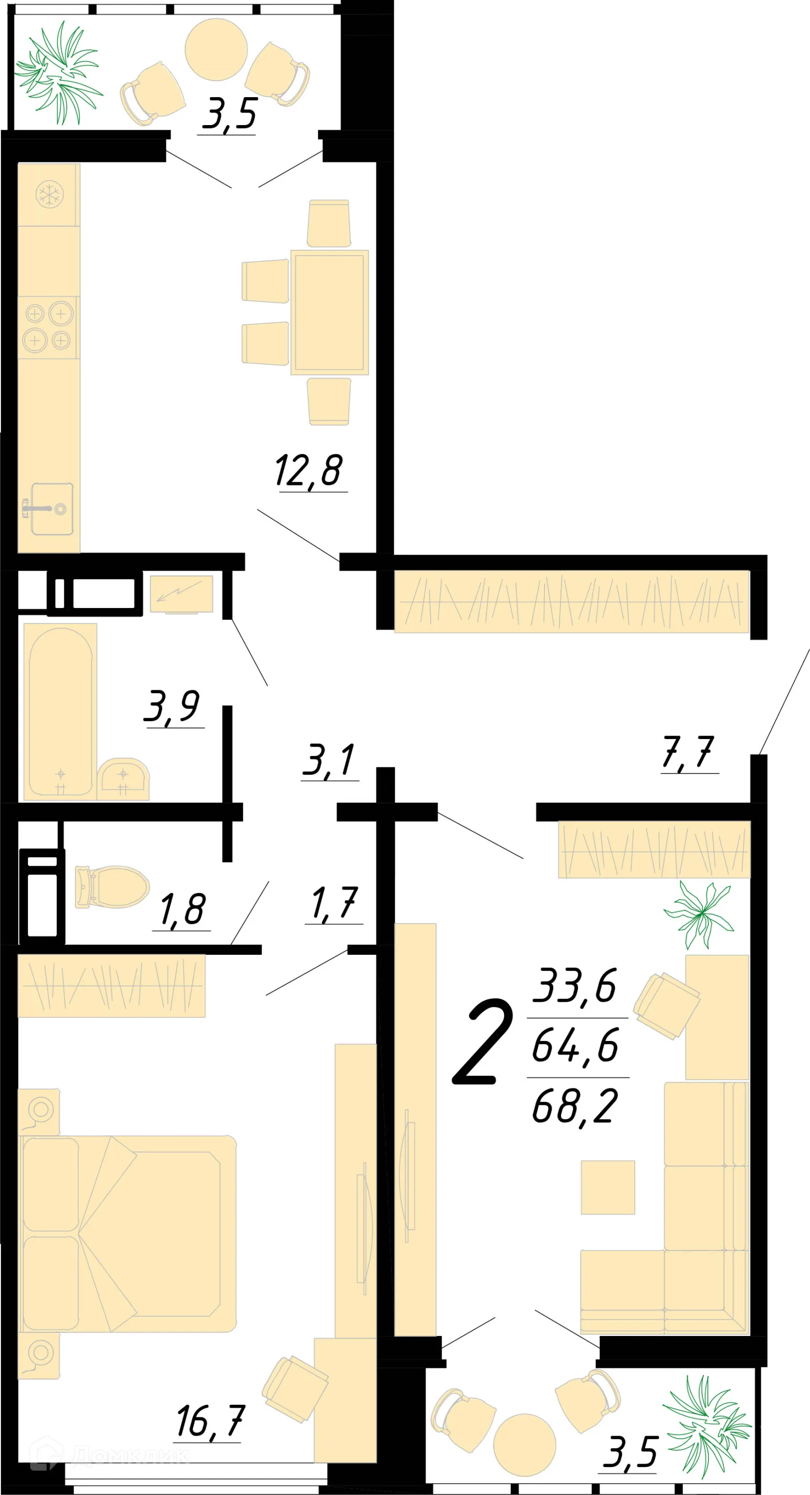 Планировка 2-комнатной квартиры 68.2 м² в ЖК Яблоневые сады, г. Воронеж — фото 2
