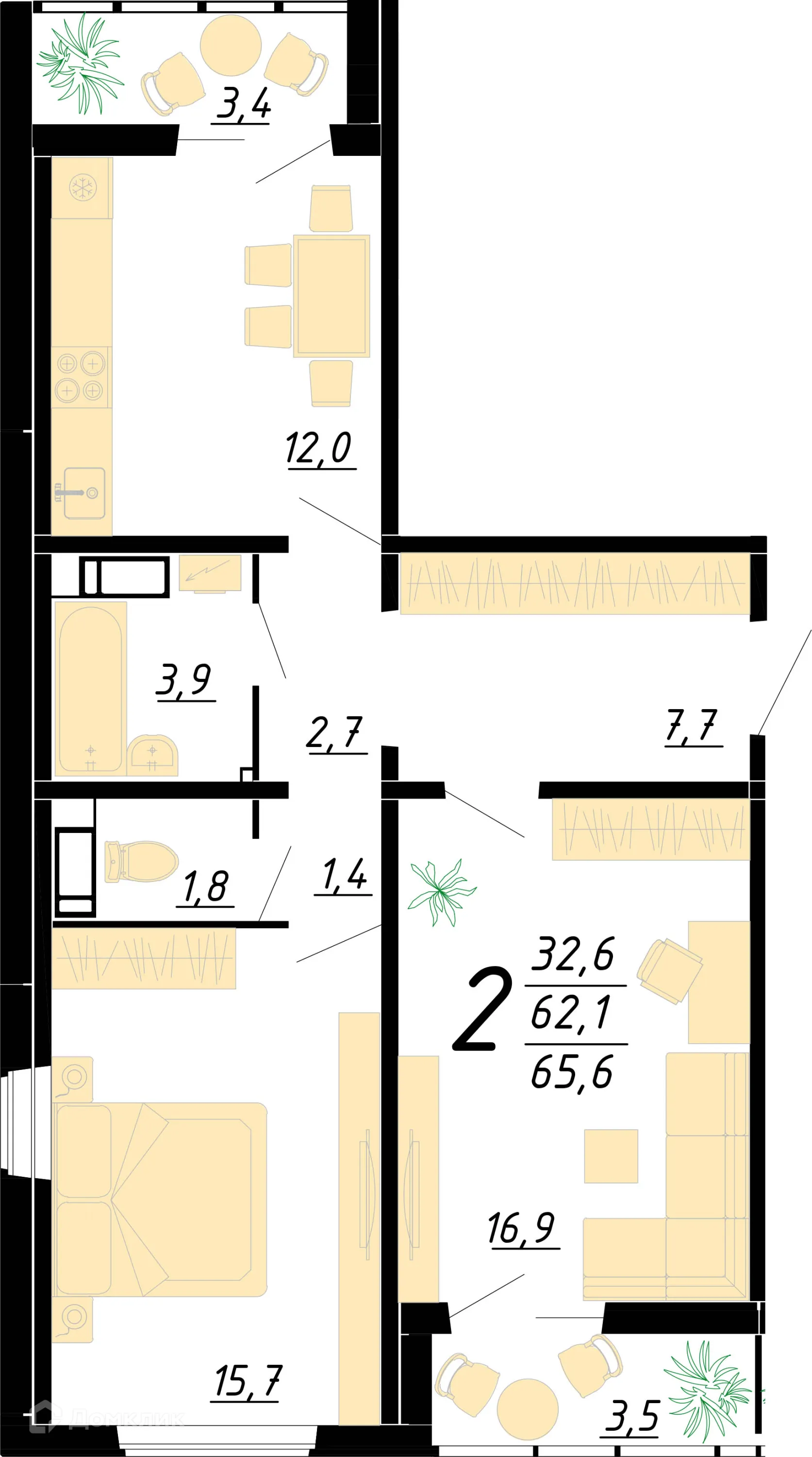 Планировка 2-комнатной квартиры 65.7 м² в ЖК Яблоневые сады, г. Воронеж — фото 2