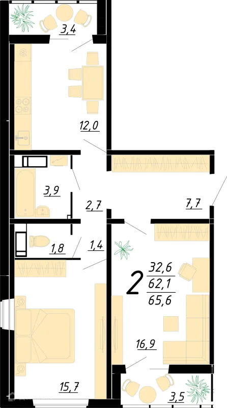 Планировка 2 комн. в ЖК Яблоневые сады