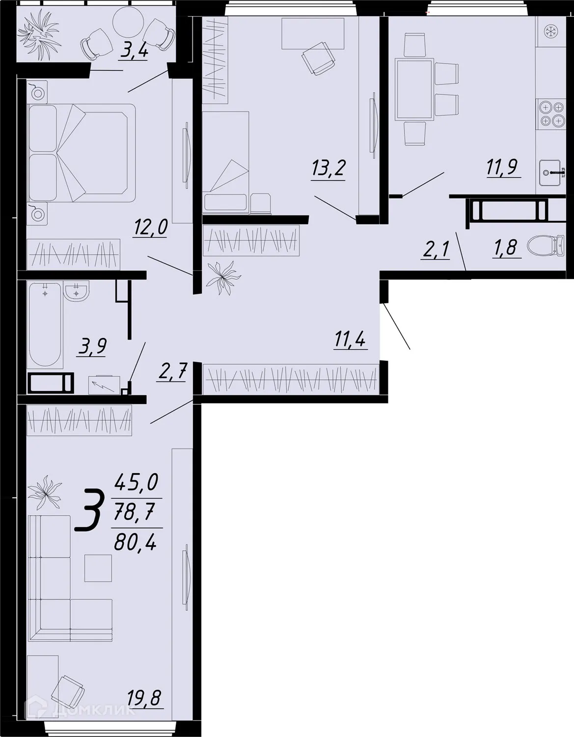 Планировка 3-комнатной квартиры 80.4 м² в ЖК Яблоневые сады, г. Воронеж — фото 2