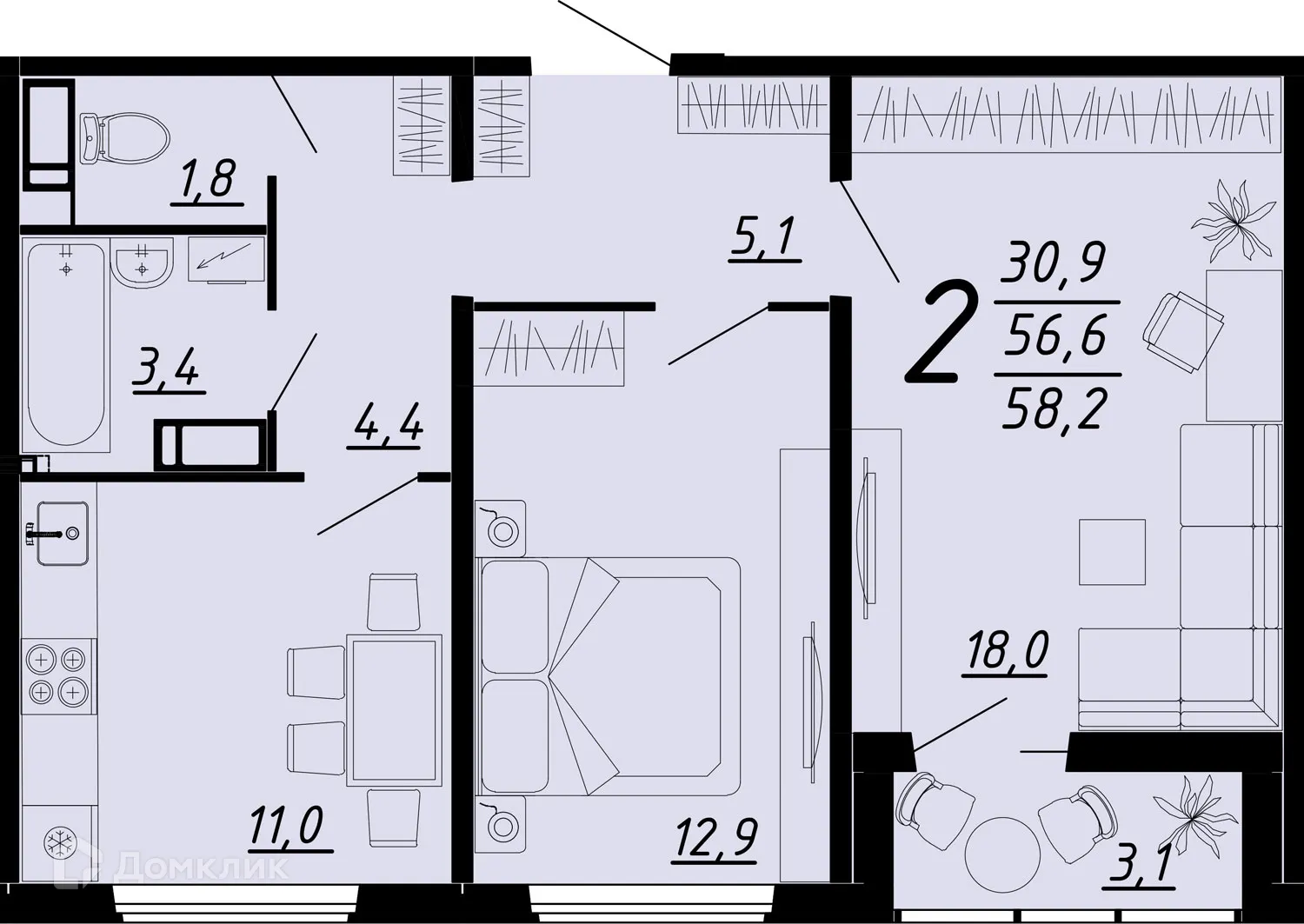 Планировка 2-комнатной квартиры 58.6 м² в ЖК Яблоневые сады, г. Воронеж — фото 2