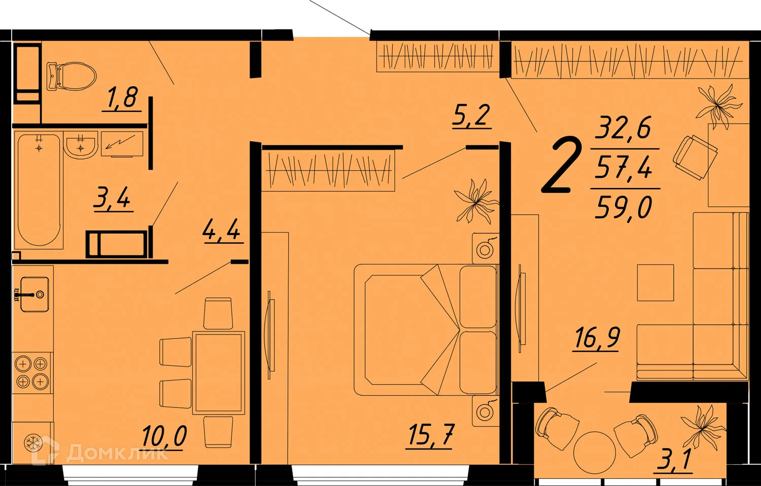 Планировка 2-комнатной квартиры 59.1 м² в ЖК Яблоневые сады, г. Воронеж — фото 1