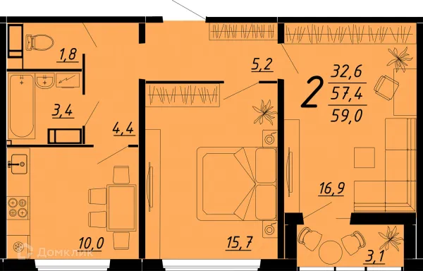 Планировка 2 комн. в ЖК Яблоневые сады